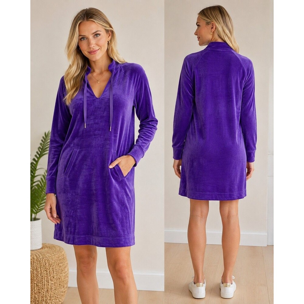 Lilly Pulitzer Cassi Dress Purple Velour Velvet Long Sleeve Tie Neck PocketsXS
